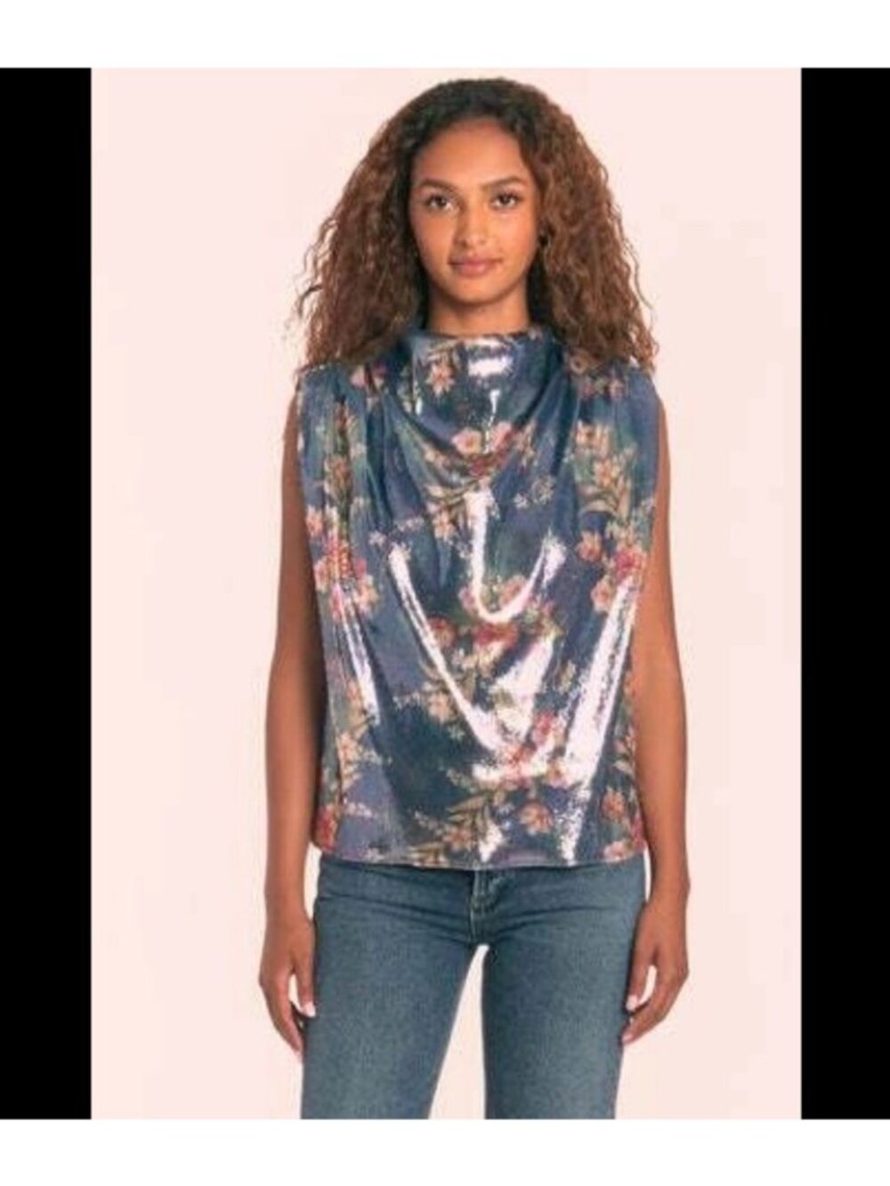 Amanda Uprichard Fabienne Top In Sequins Blue Floral Size XS Keyhole NWT